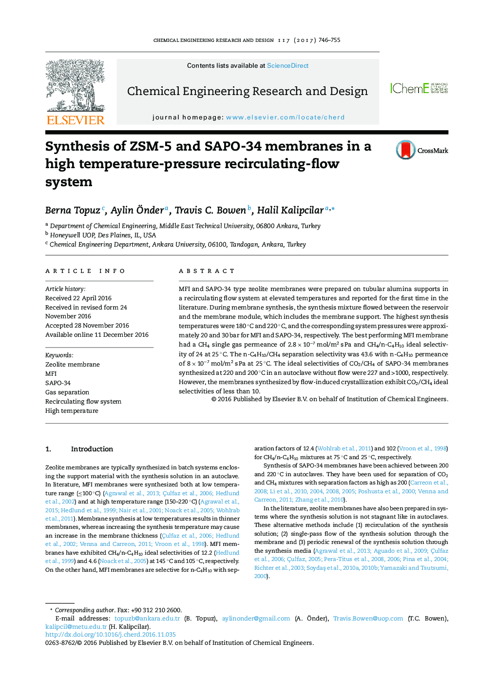 Synthesis of ZSM-5 and SAPO-34 membranes in a high temperature-pressure recirculating-flow system