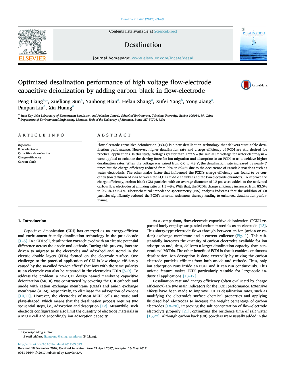 Optimized desalination performance of high voltage flow-electrode capacitive deionization by adding carbon black in flow-electrode