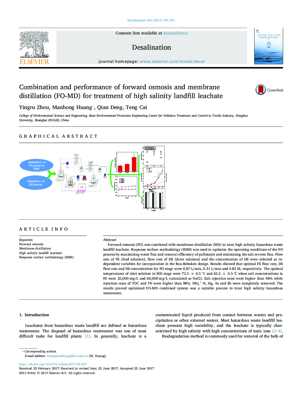 Combination and performance of forward osmosis and membrane distillation (FO-MD) for treatment of high salinity landfill leachate