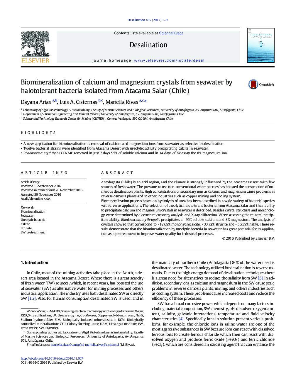 Biomineralization of calcium and magnesium crystals from seawater by halotolerant bacteria isolated from Atacama Salar (Chile)