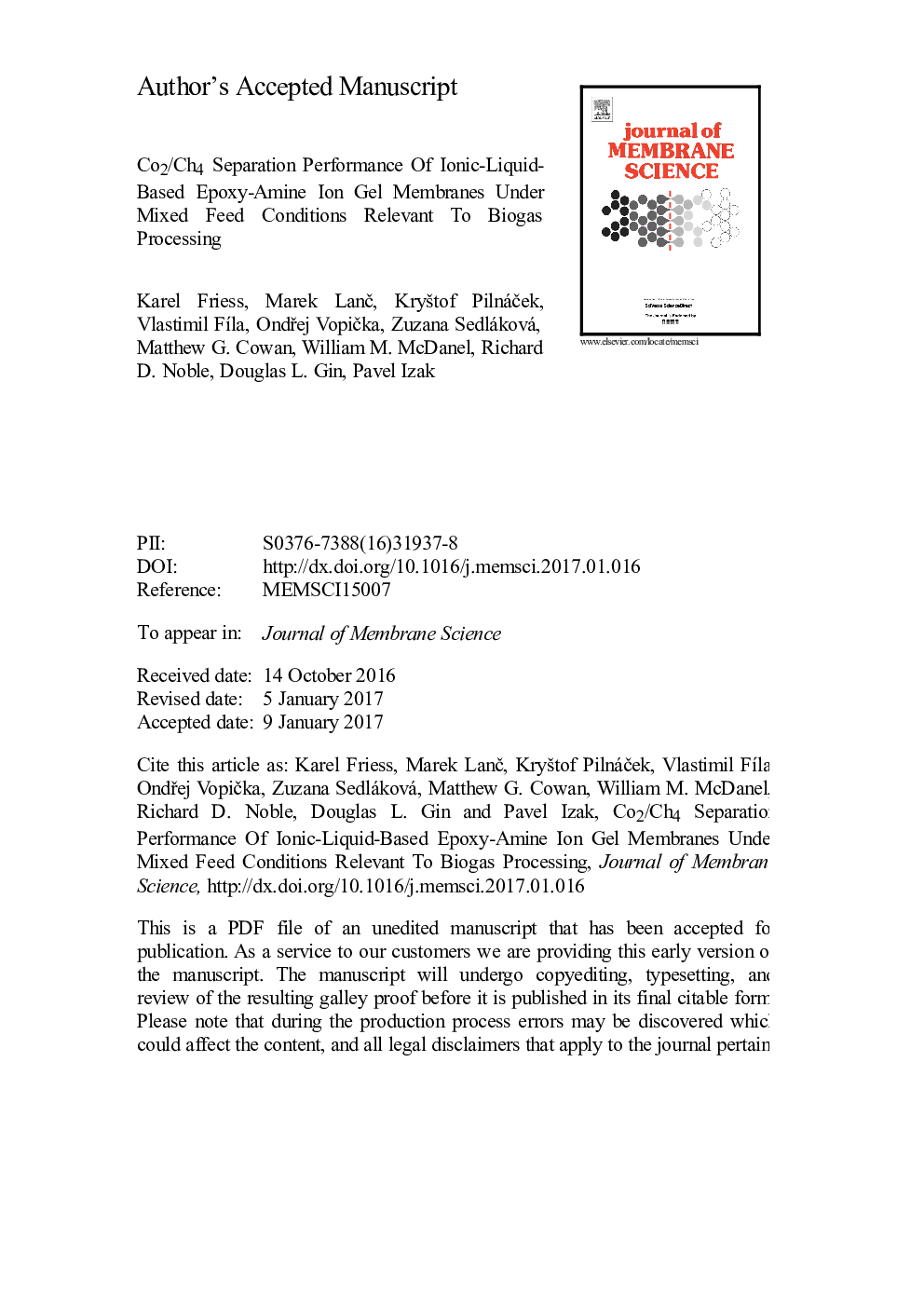 CO2/CH4 separation performance of ionic-liquid-based epoxy-amine ion gel membranes under mixed feed conditions relevant to biogas processing