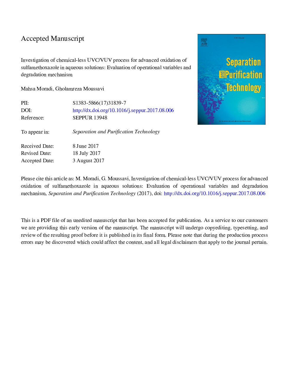 Investigation of chemical-less UVC/VUV process for advanced oxidation of sulfamethoxazole in aqueous solutions: Evaluation of operational variables and degradation mechanism