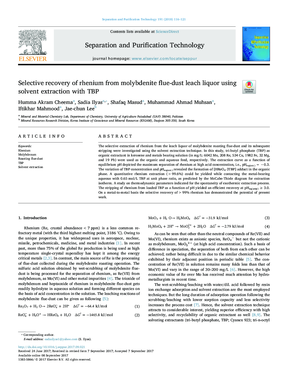 Selective recovery of rhenium from molybdenite flue-dust leach liquor using solvent extraction with TBP