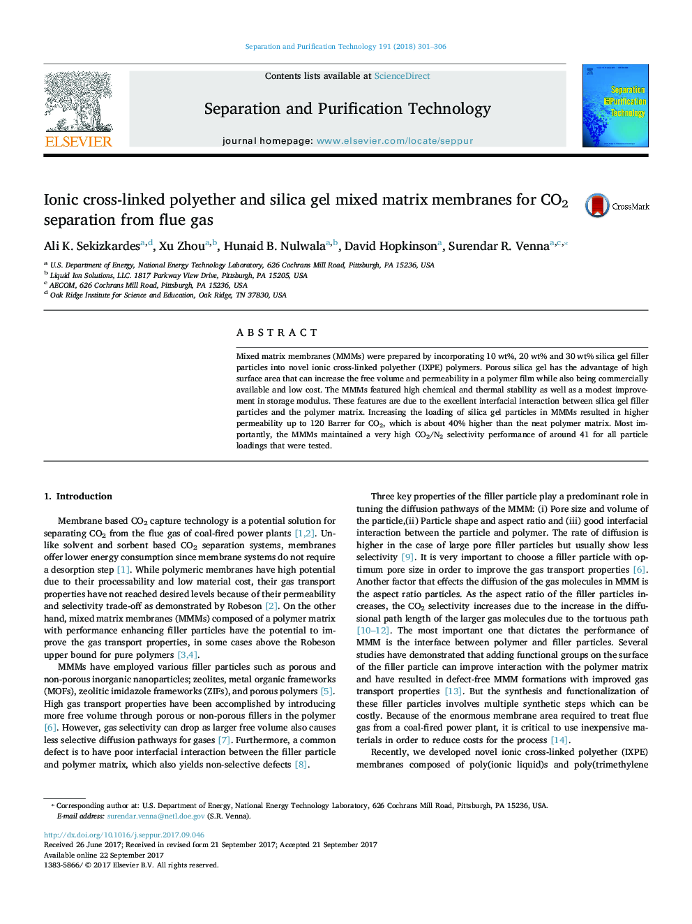 Ionic cross-linked polyether and silica gel mixed matrix membranes for CO2 separation from flue gas