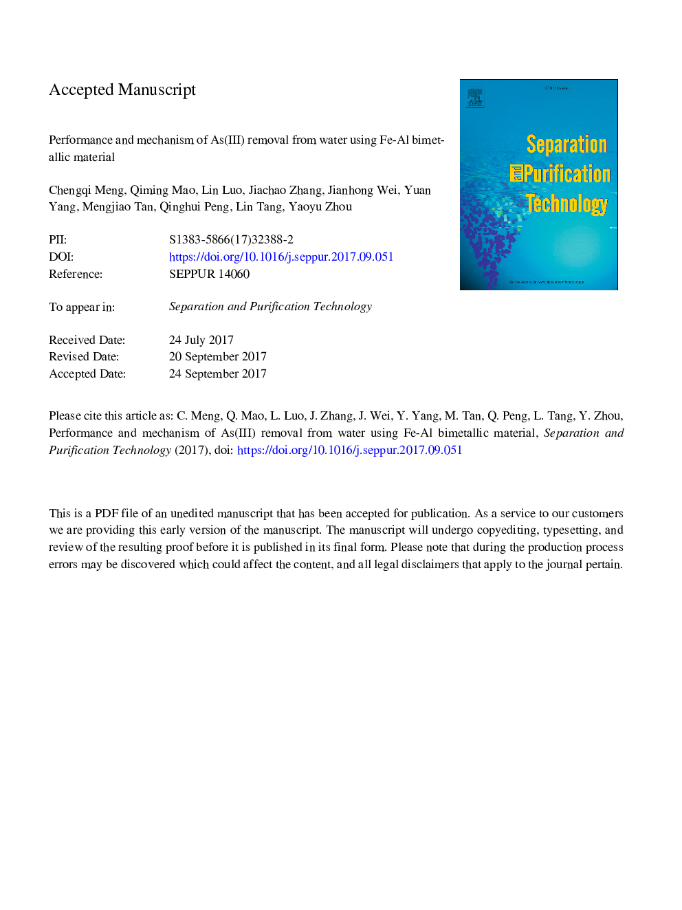 Performance and mechanism of As(III) removal from water using Fe-Al bimetallic material