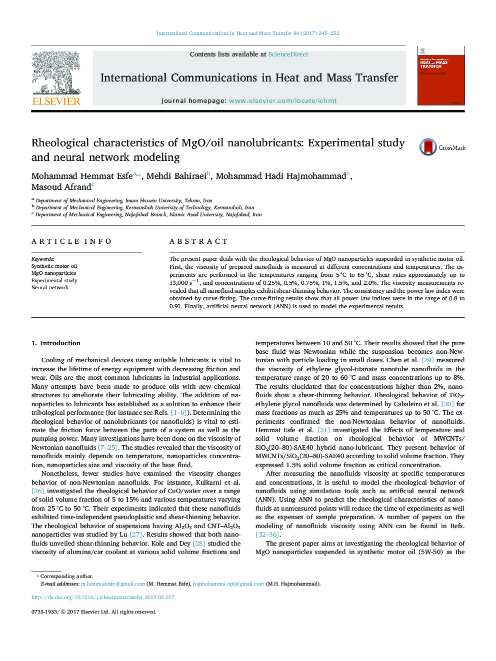 Rheological characteristics of MgO/oil nanolubricants: Experimental study and neural network modeling