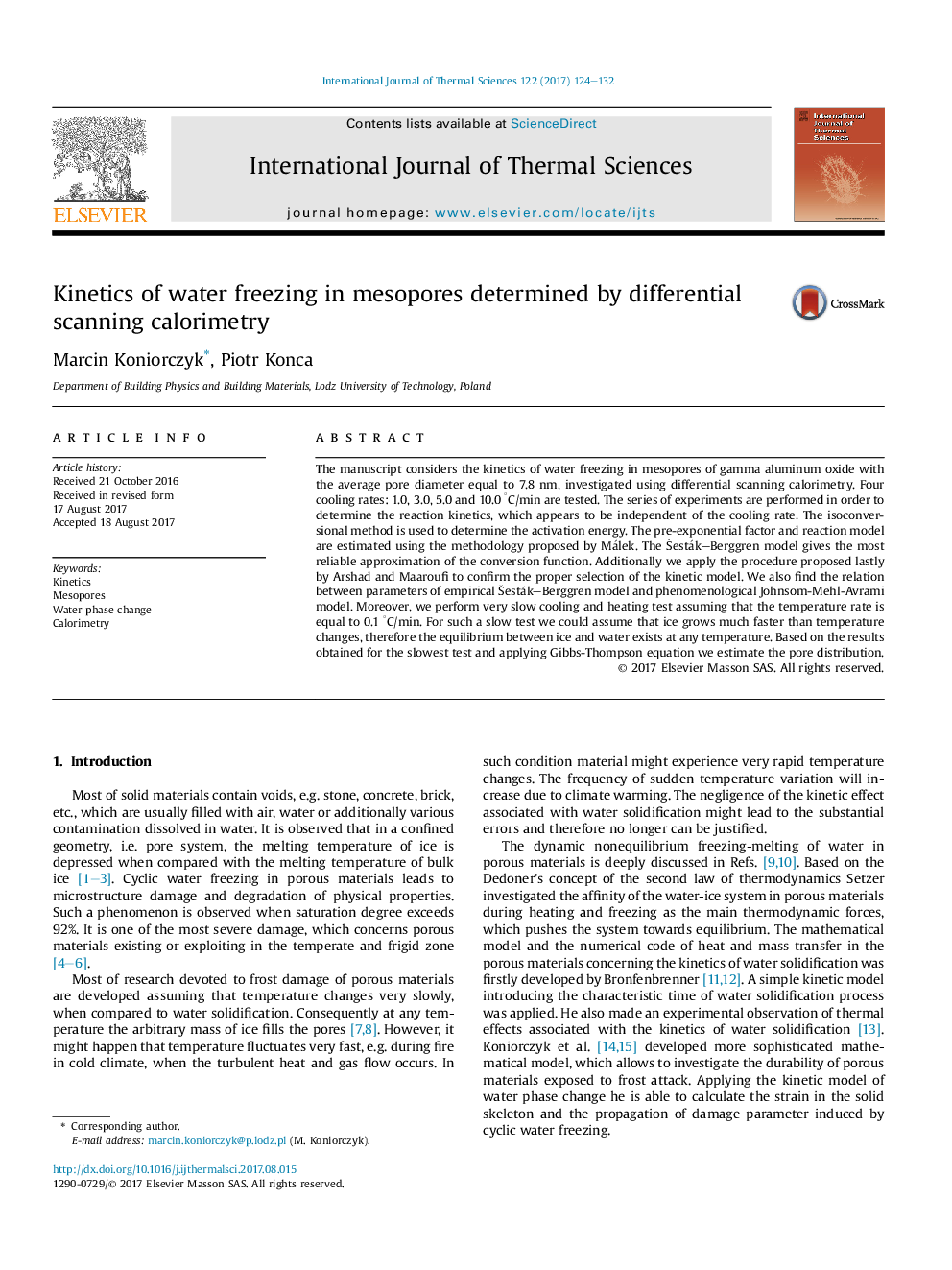 Kinetics of water freezing in mesopores determined by differential scanning calorimetry