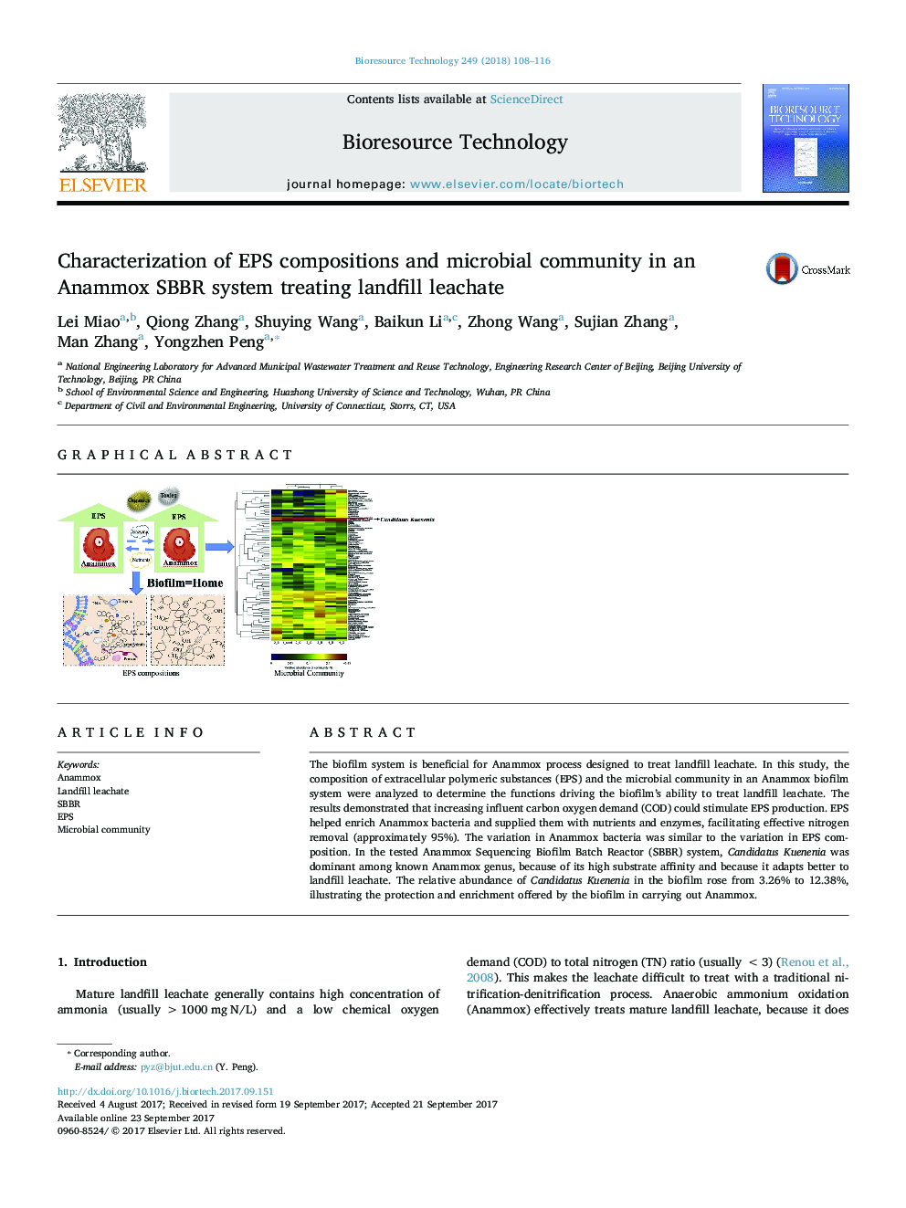 Characterization of EPS compositions and microbial community in an Anammox SBBR system treating landfill leachate