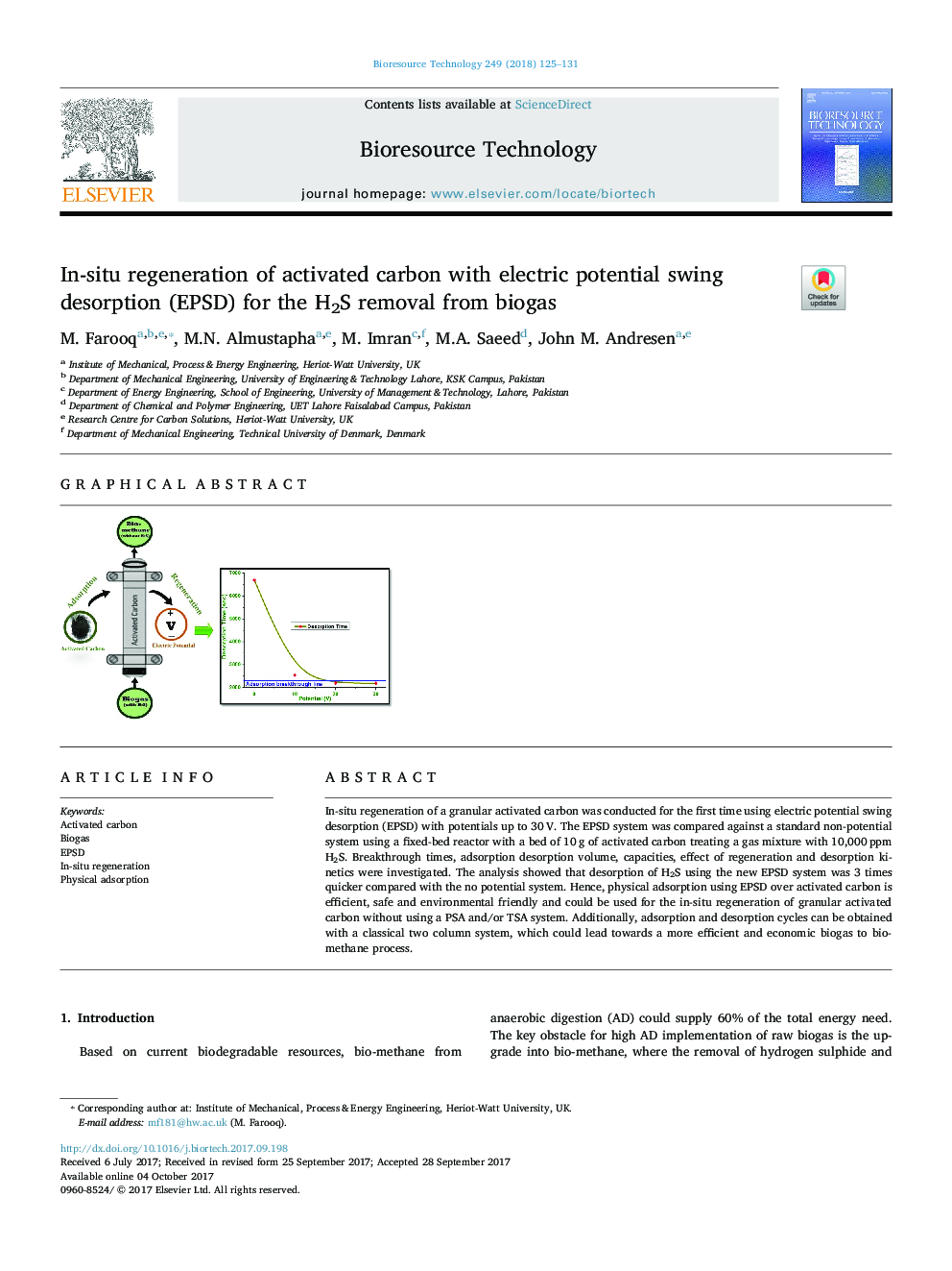 In-situ regeneration of activated carbon with electric potential swing desorption (EPSD) for the H2S removal from biogas