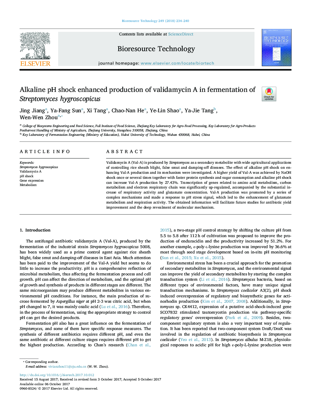 Alkaline pH shock enhanced production of validamycin A in fermentation of Streptomyces hygroscopicus