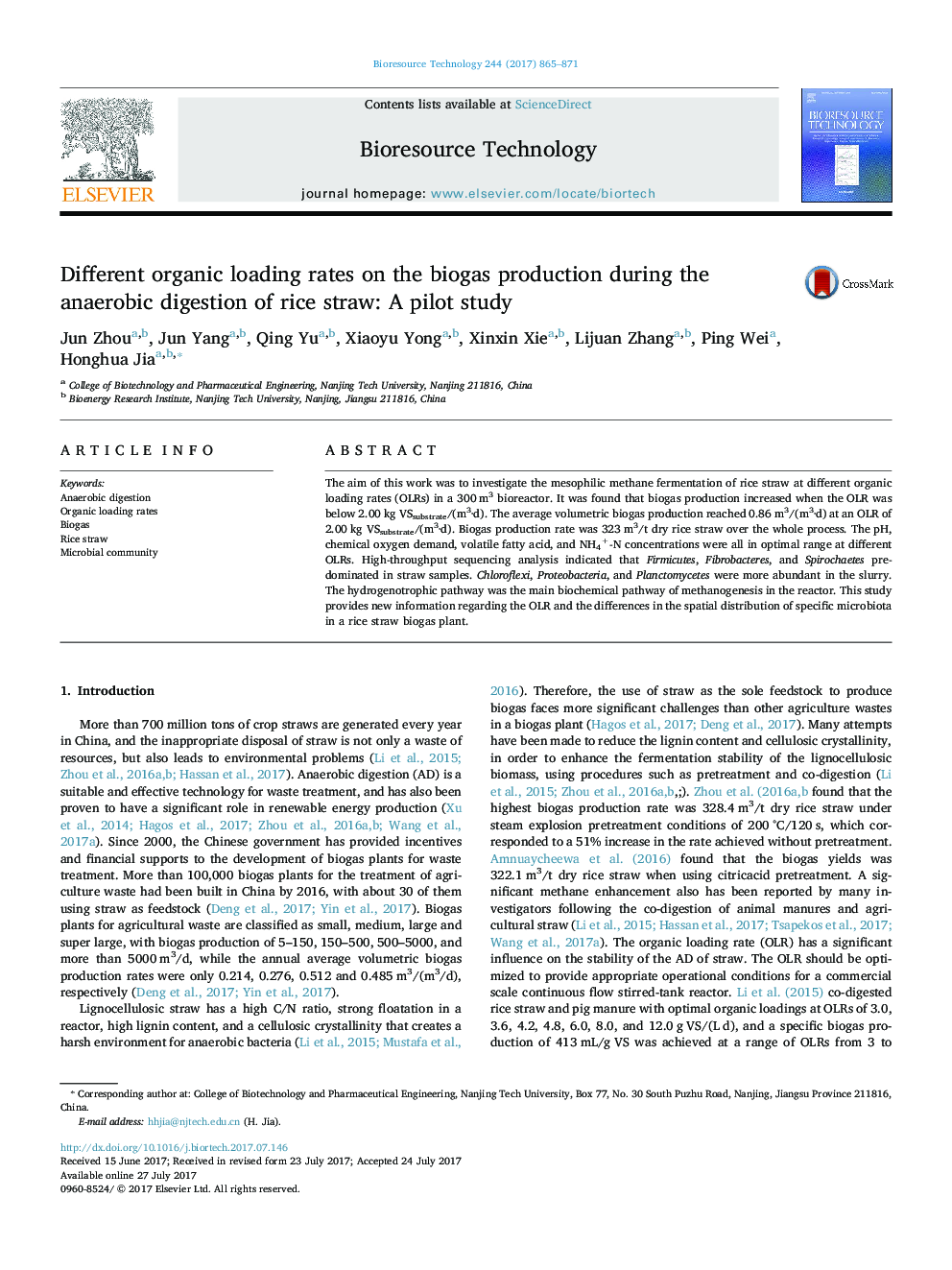 نرخ بارگیری ارگانیک مختلف در تولید بیوگاز در طی هضم بی هوازی از نی نی: مطالعه آزمایشی 