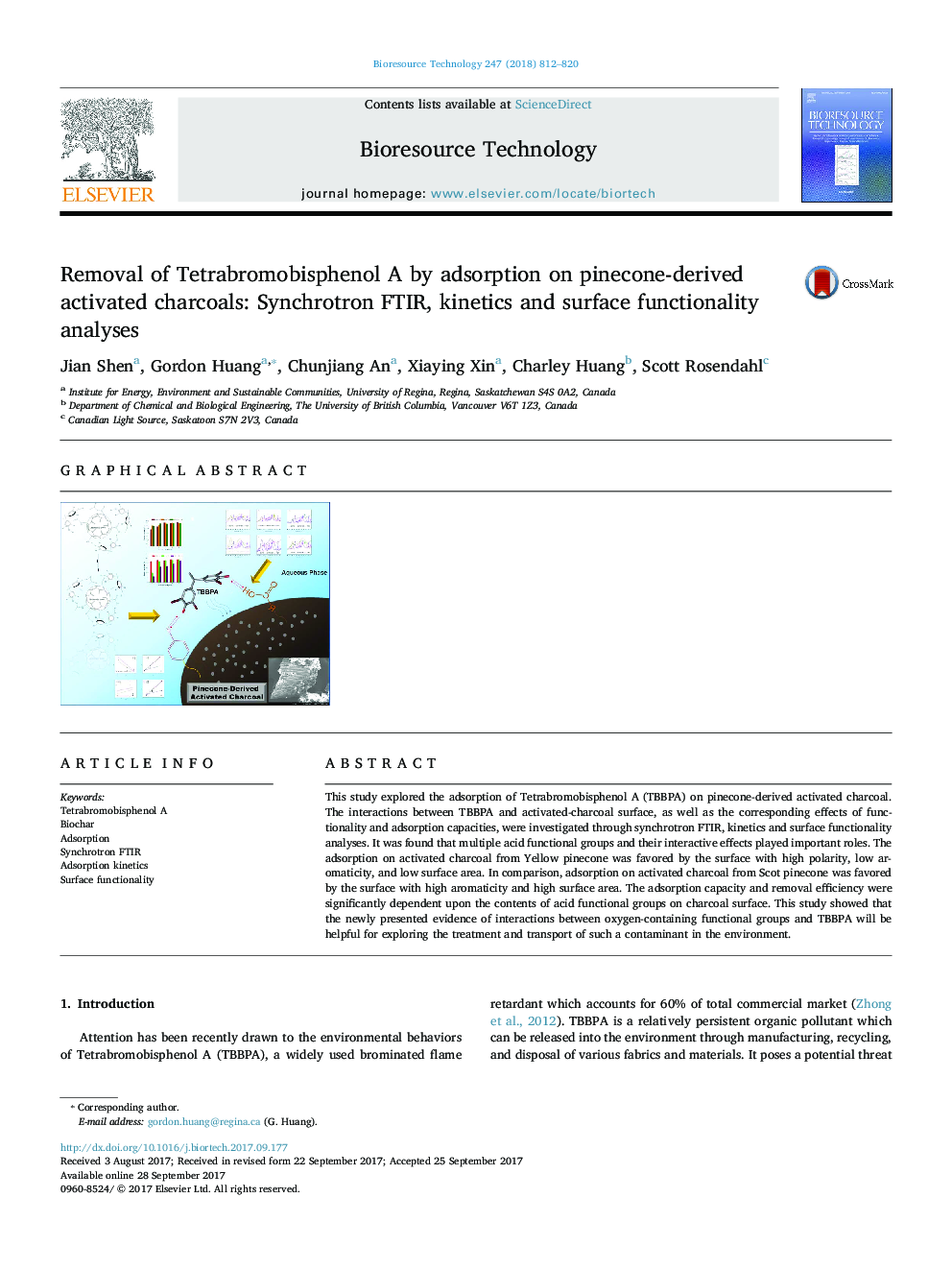 Removal of Tetrabromobisphenol A by adsorption on pinecone-derived activated charcoals: Synchrotron FTIR, kinetics and surface functionality analyses