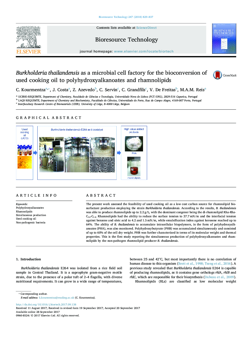 Burkholderia thailandensis as a microbial cell factory for the bioconversion of used cooking oil to polyhydroxyalkanoates and rhamnolipids