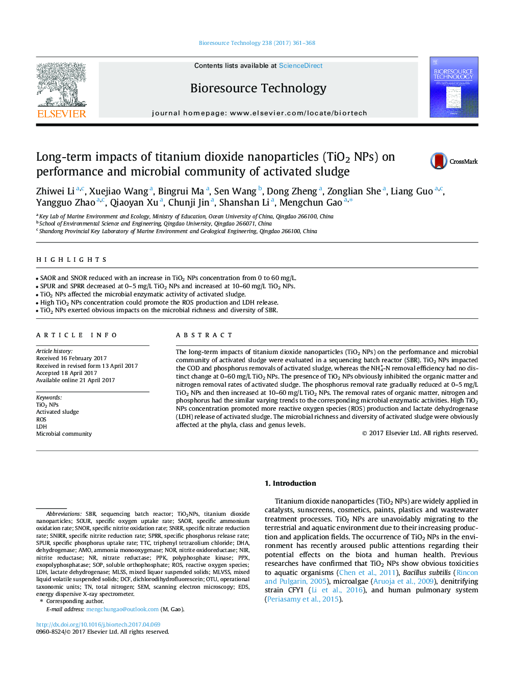 Long-term impacts of titanium dioxide nanoparticles (TiO2 NPs) on performance and microbial community of activated sludge