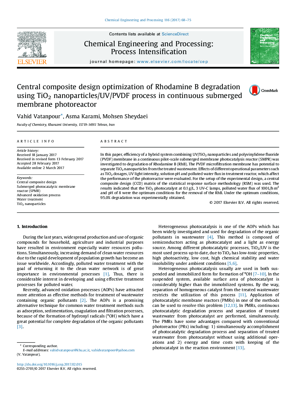 Central composite design optimization of Rhodamine B degradation using TiO2 nanoparticles/UV/PVDF process in continuous submerged membrane photoreactor