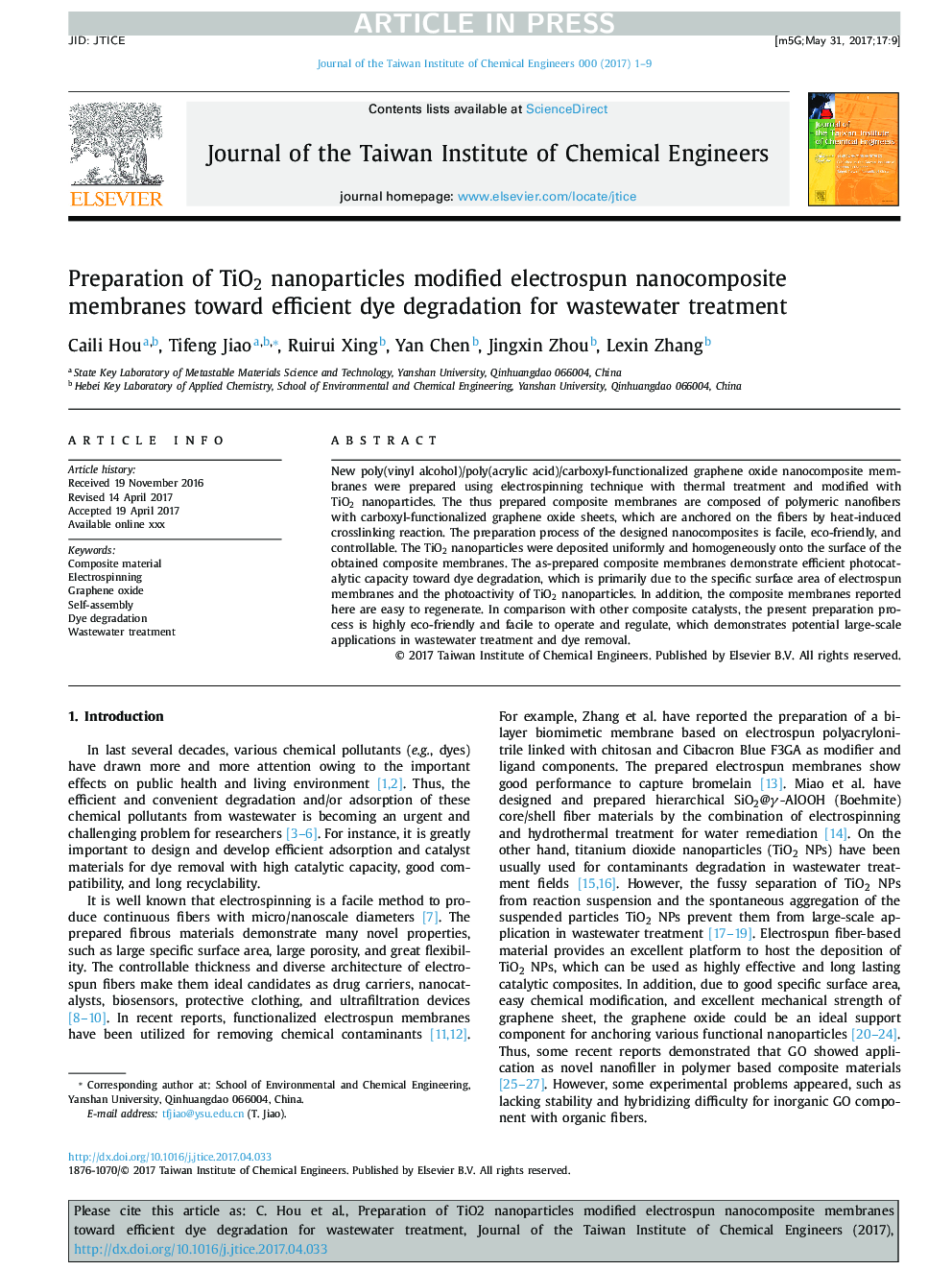 Preparation of TiO2 nanoparticles modified electrospun nanocomposite membranes toward efficient dye degradation for wastewater treatment