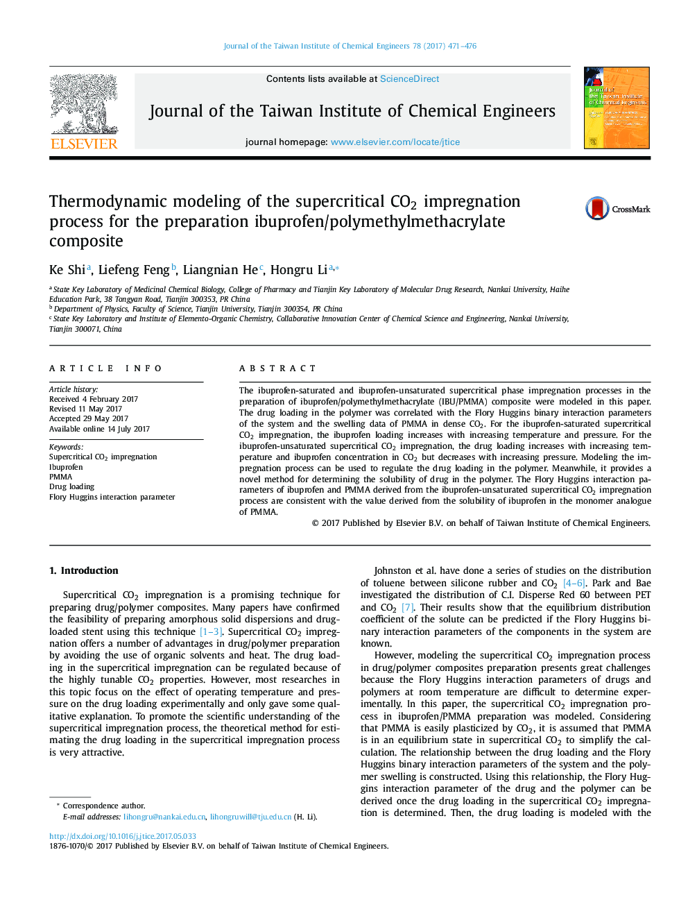 Thermodynamic modeling of the supercritical CO2 impregnation process for the preparation ibuprofen/polymethylmethacrylate composite