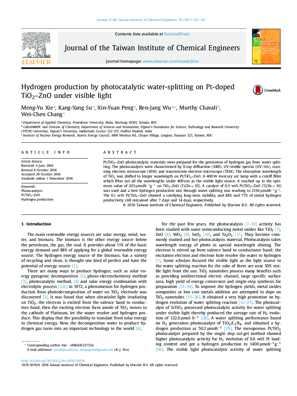 Hydrogen production by photocatalytic water-splitting on Pt-doped TiO2-ZnO under visible light