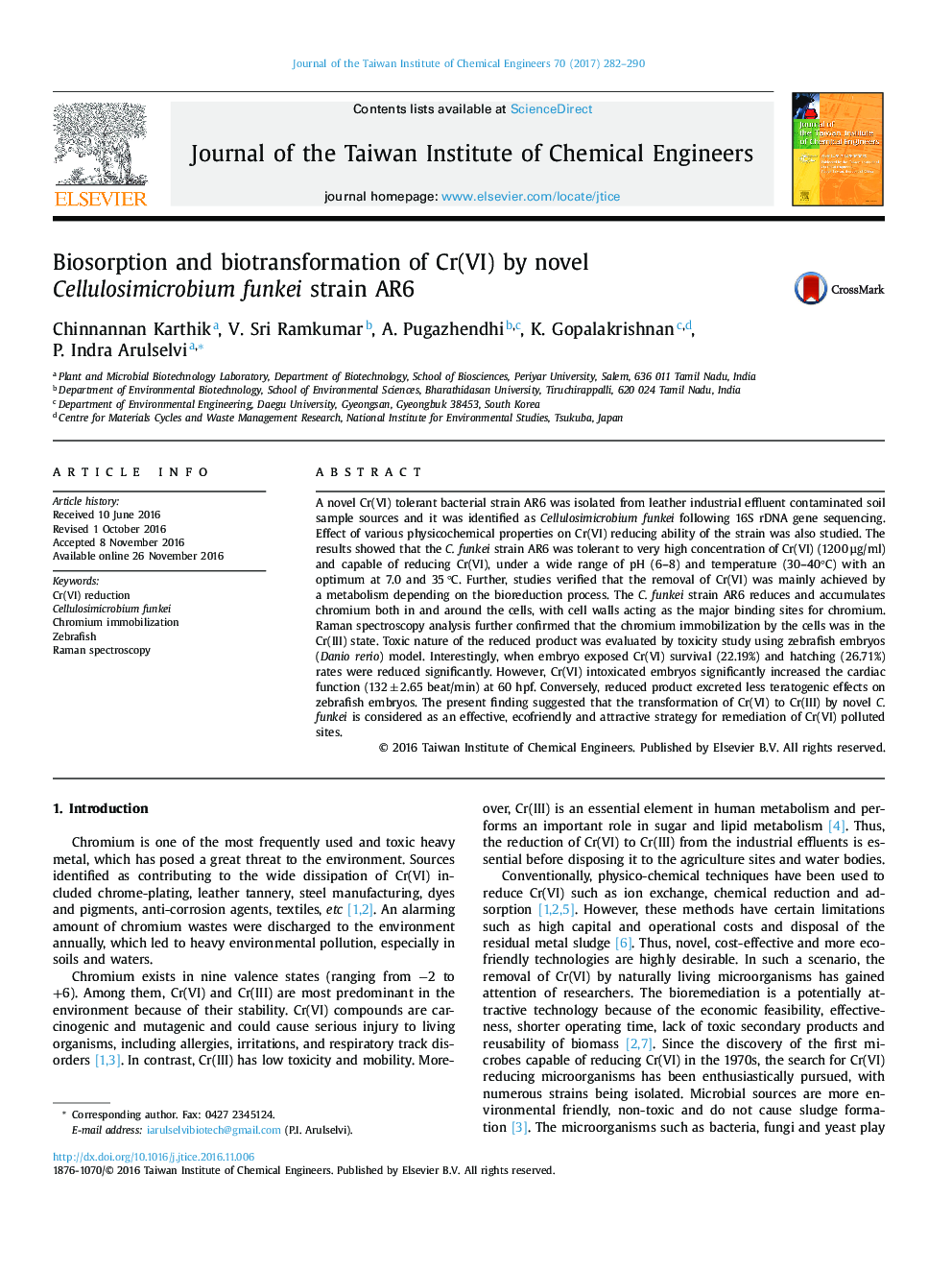 Biosorption and biotransformation of Cr(VI) by novel Cellulosimicrobium funkei strain AR6