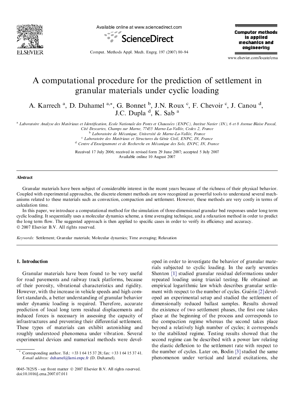 A computational procedure for the prediction of settlement in granular materials under cyclic loading