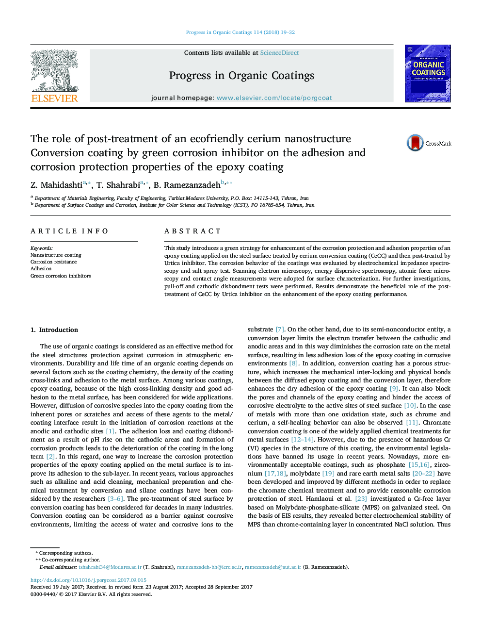 The role of post-treatment of an ecofriendly cerium nanostructure Conversion coating by green corrosion inhibitor on the adhesion and corrosion protection properties of the epoxy coating