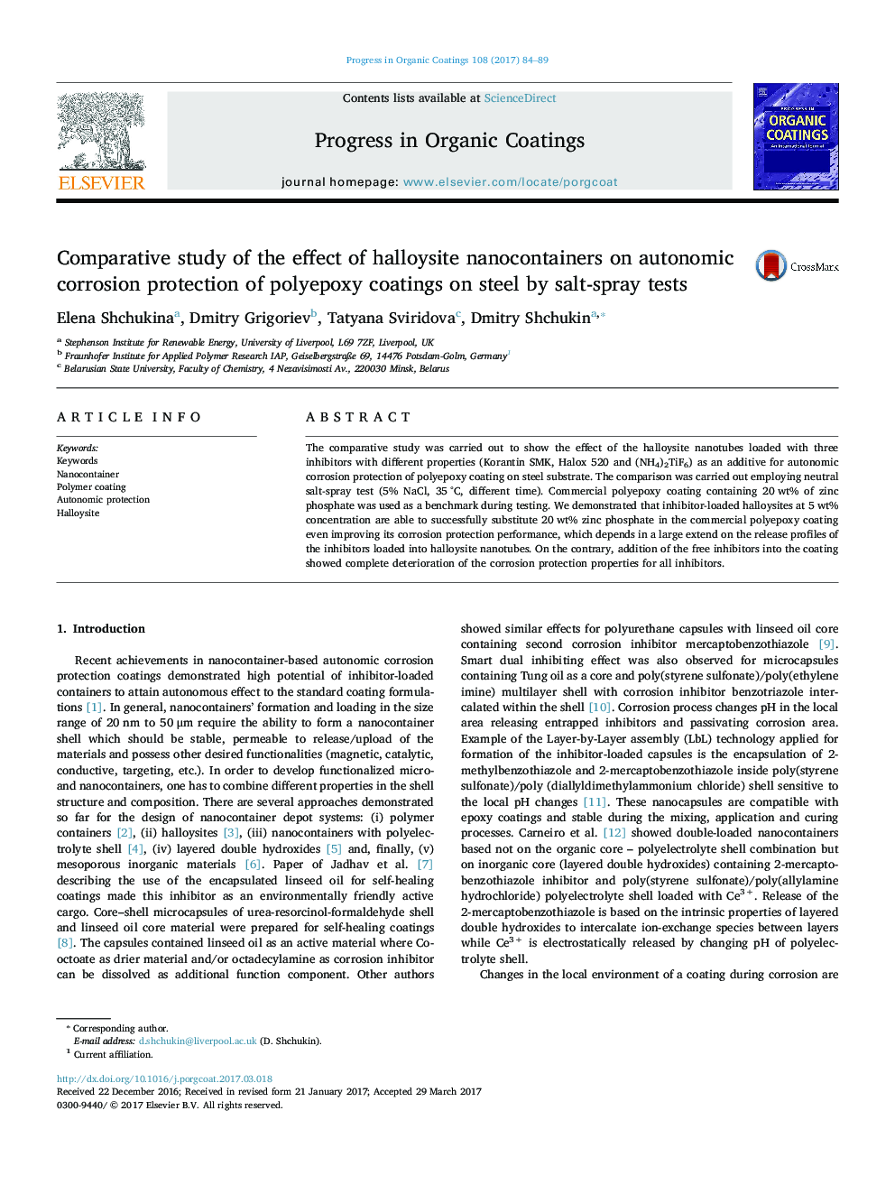 Comparative study of the effect of halloysite nanocontainers on autonomic corrosion protection of polyepoxy coatings on steel by salt-spray tests