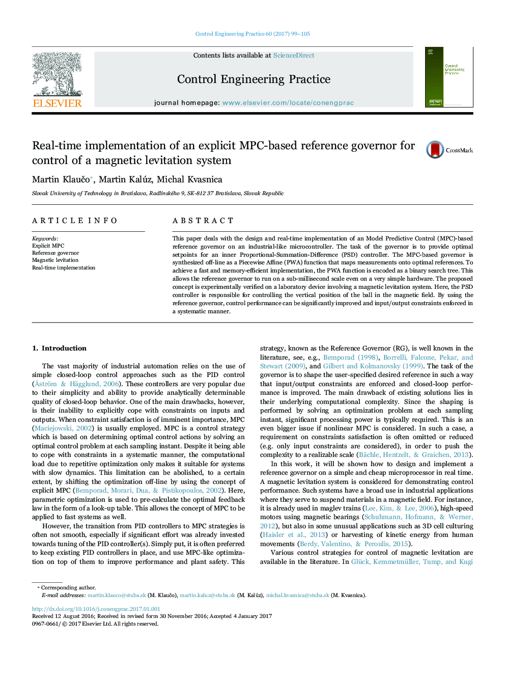 Real-time implementation of an explicit MPC-based reference governor for control of a magnetic levitation system