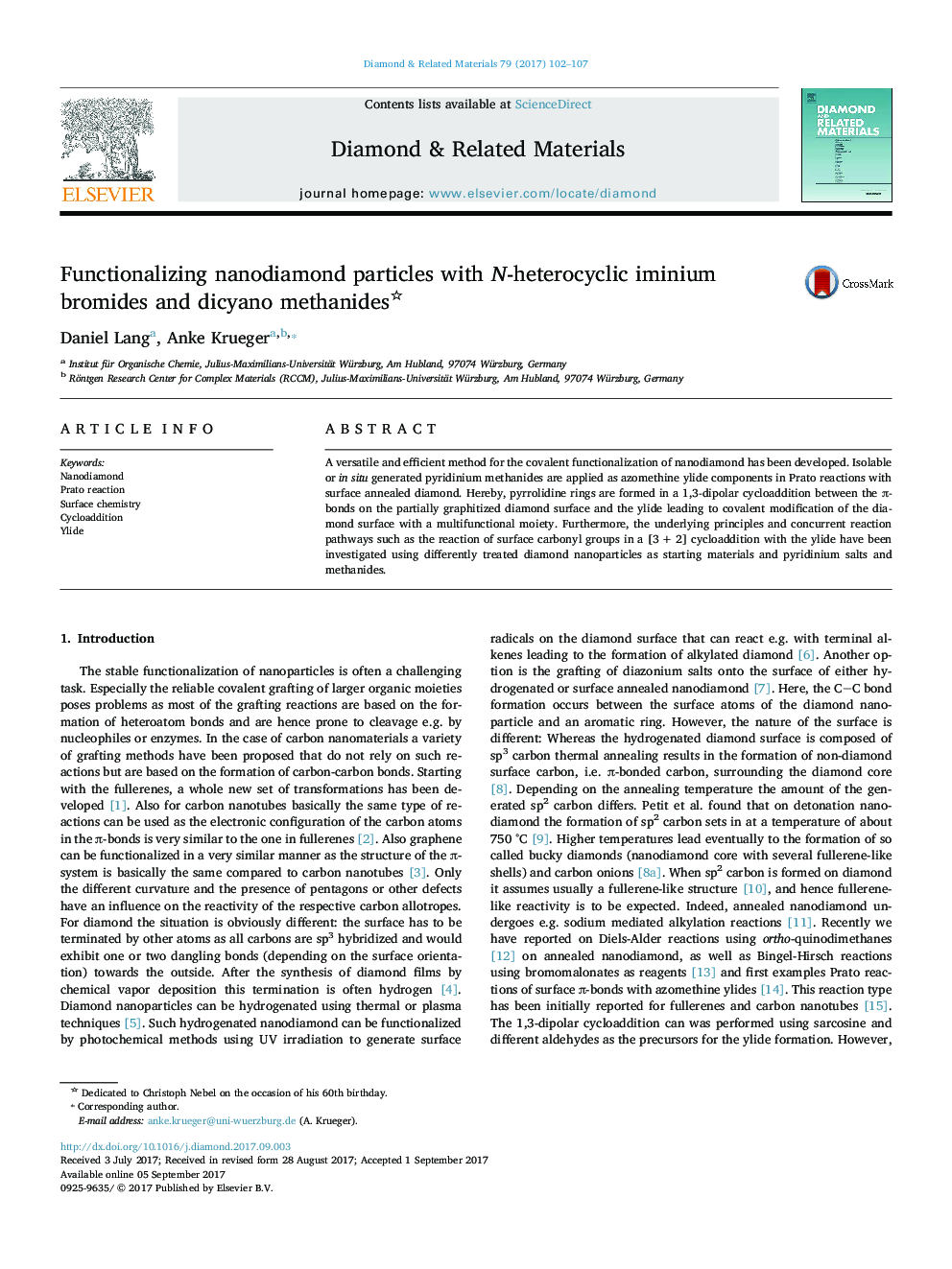 Functionalizing nanodiamond particles with N-heterocyclic iminium bromides and dicyano methanides