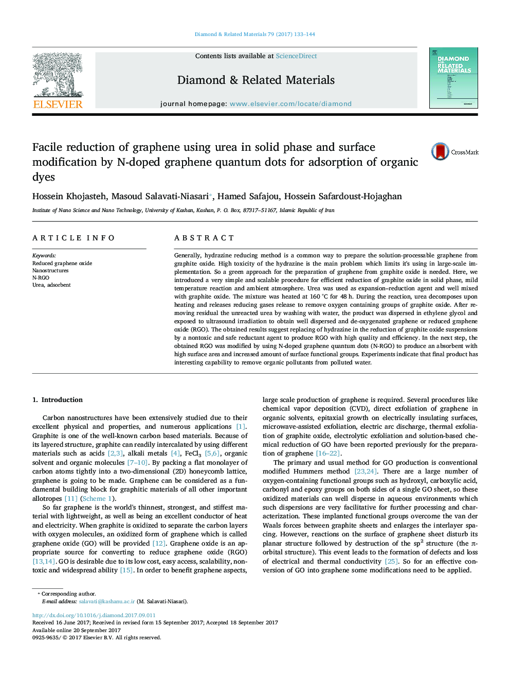 Facile reduction of graphene using urea in solid phase and surface modification by N-doped graphene quantum dots for adsorption of organic dyes