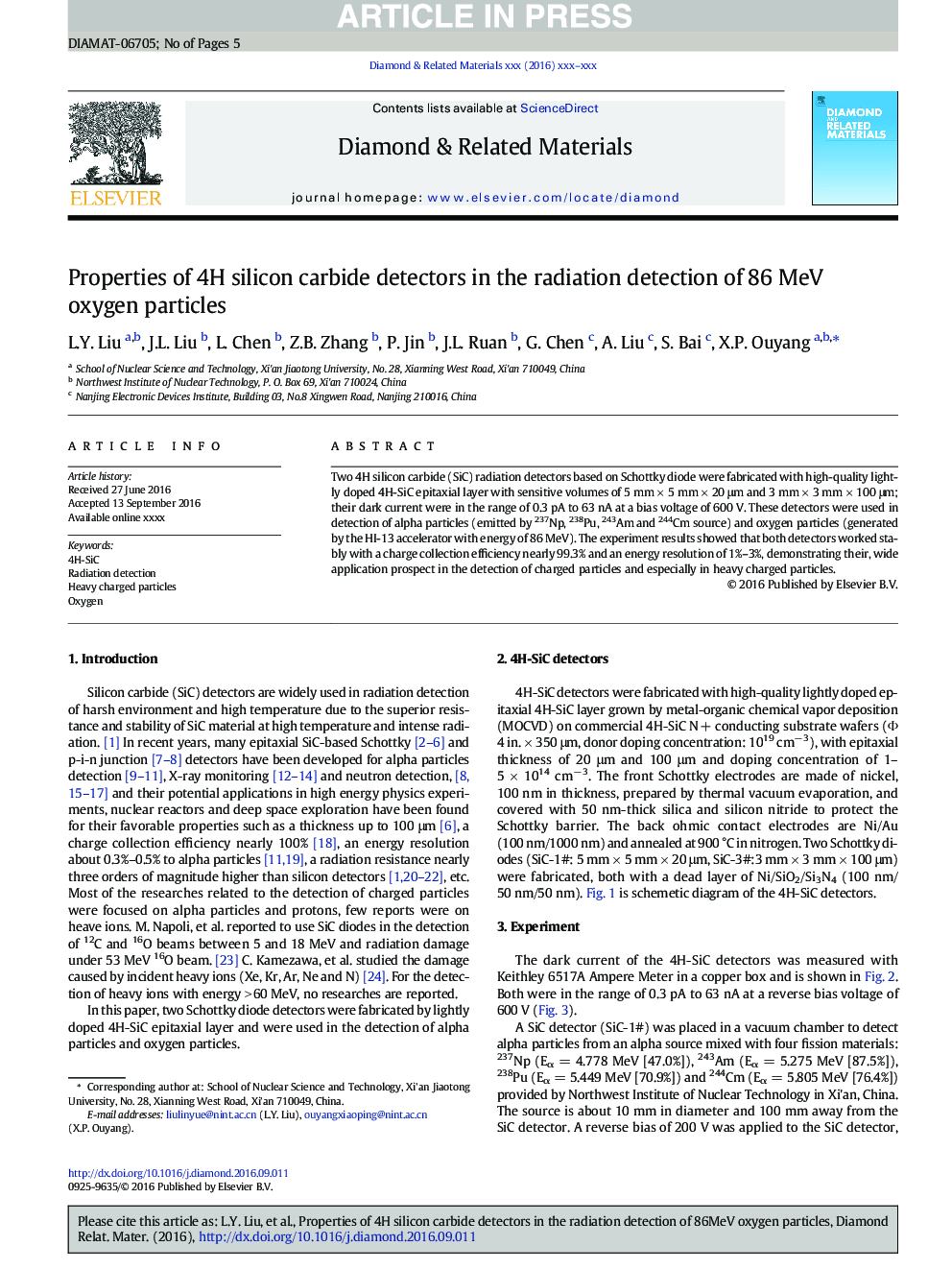Properties of 4H silicon carbide detectors in the radiation detection of 86Â MeV oxygen particles