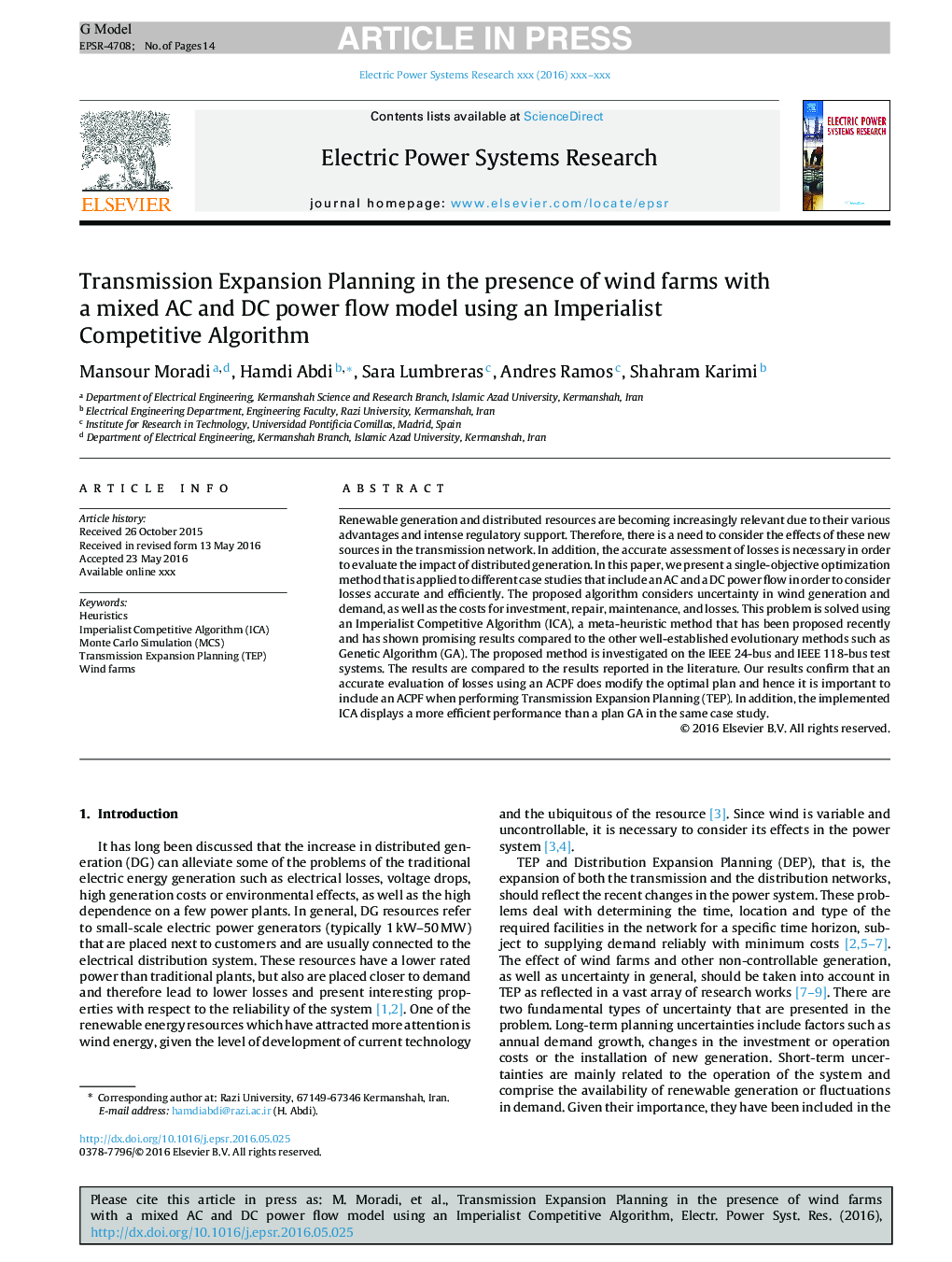 Transmission Expansion Planning in the presence of wind farms with a mixed AC and DC power flow model using an Imperialist Competitive Algorithm