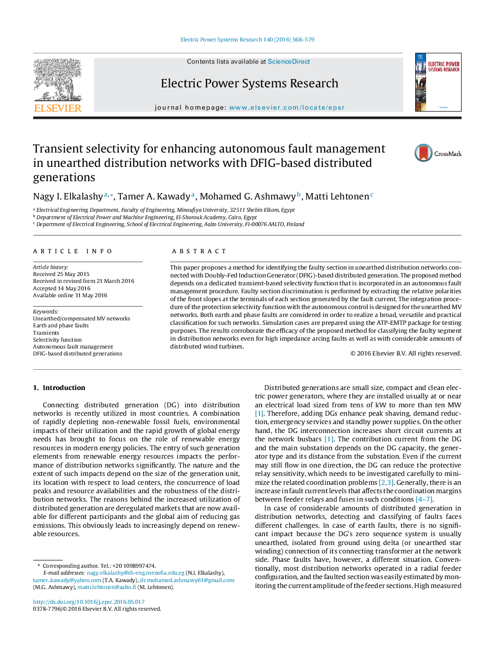 Transient selectivity for enhancing autonomous fault management in unearthed distribution networks with DFIG-based distributed generations