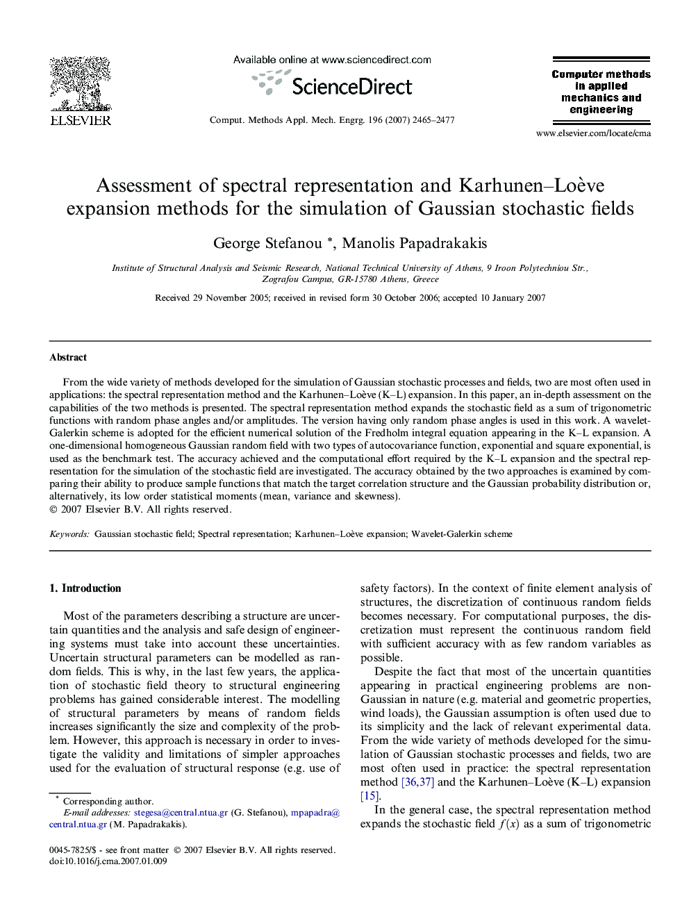 Assessment of spectral representation and Karhunen–Loève expansion methods for the simulation of Gaussian stochastic fields