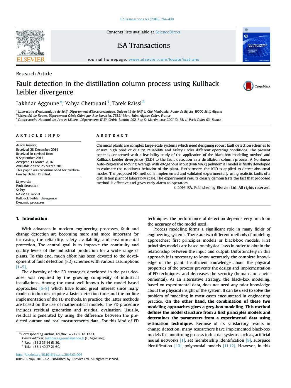 Research ArticleFault detection in the distillation column process using Kullback Leibler divergence