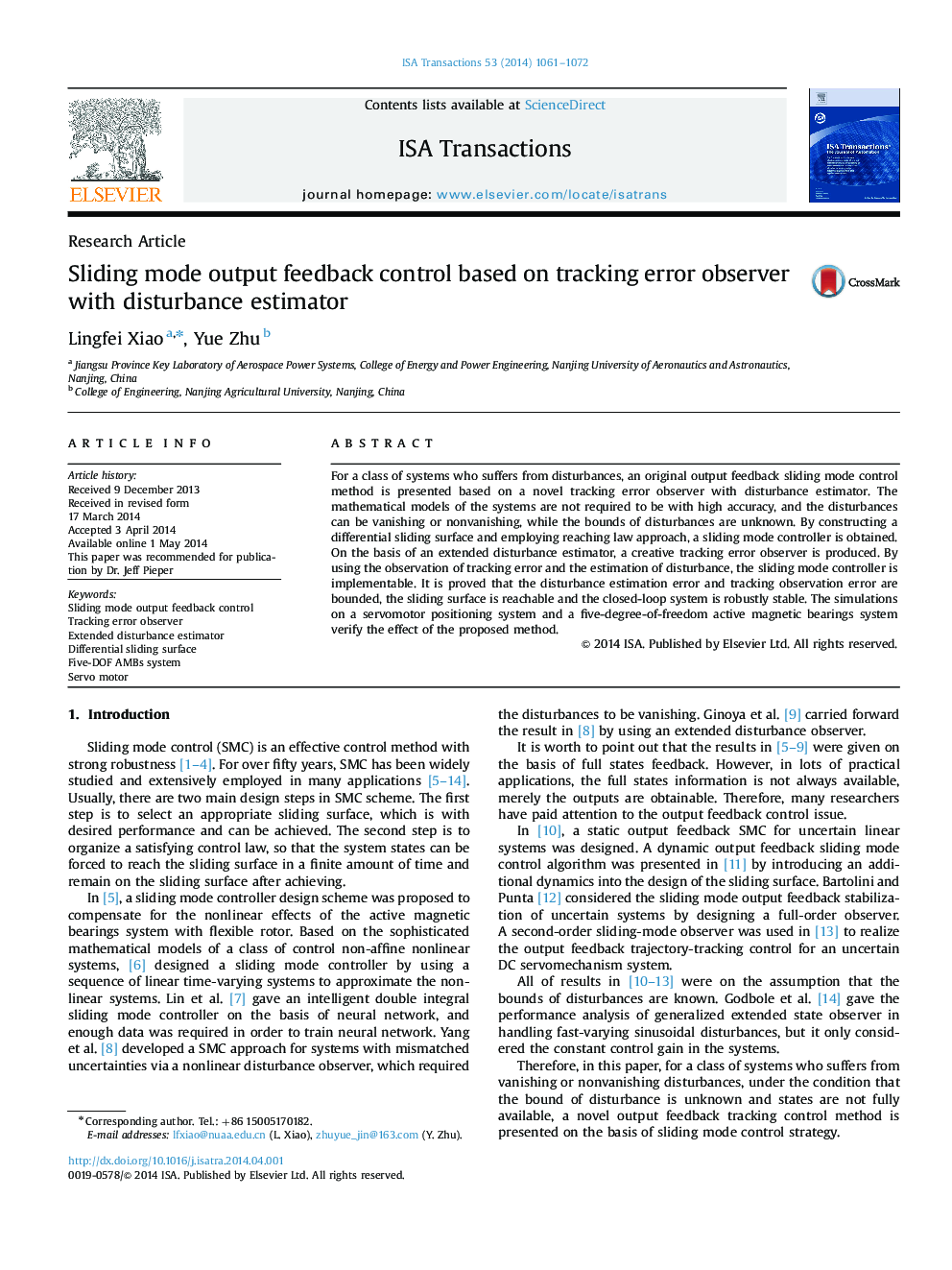 Research ArticleSliding mode output feedback control based on tracking error observer with disturbance estimator