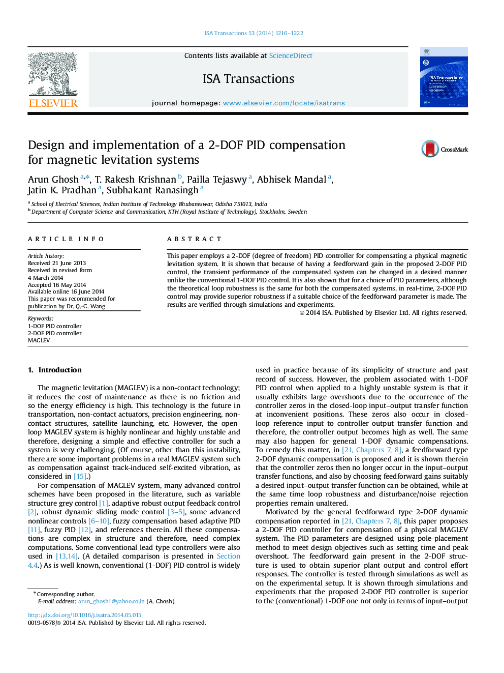 Design and implementation of a 2-DOF PID compensation for magnetic levitation systems
