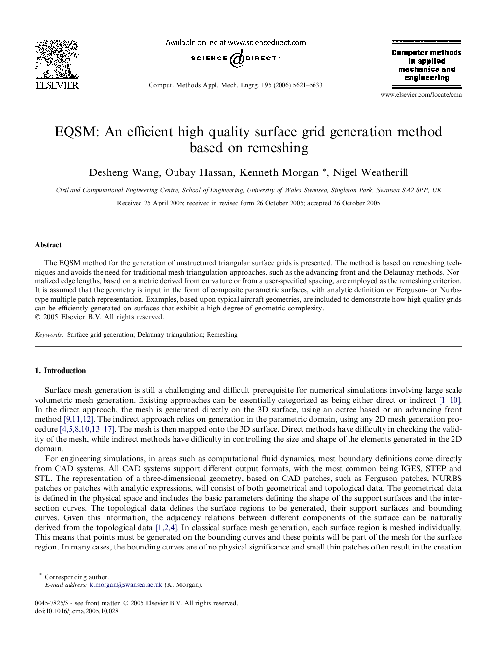 EQSM: An efficient high quality surface grid generation method based on remeshing