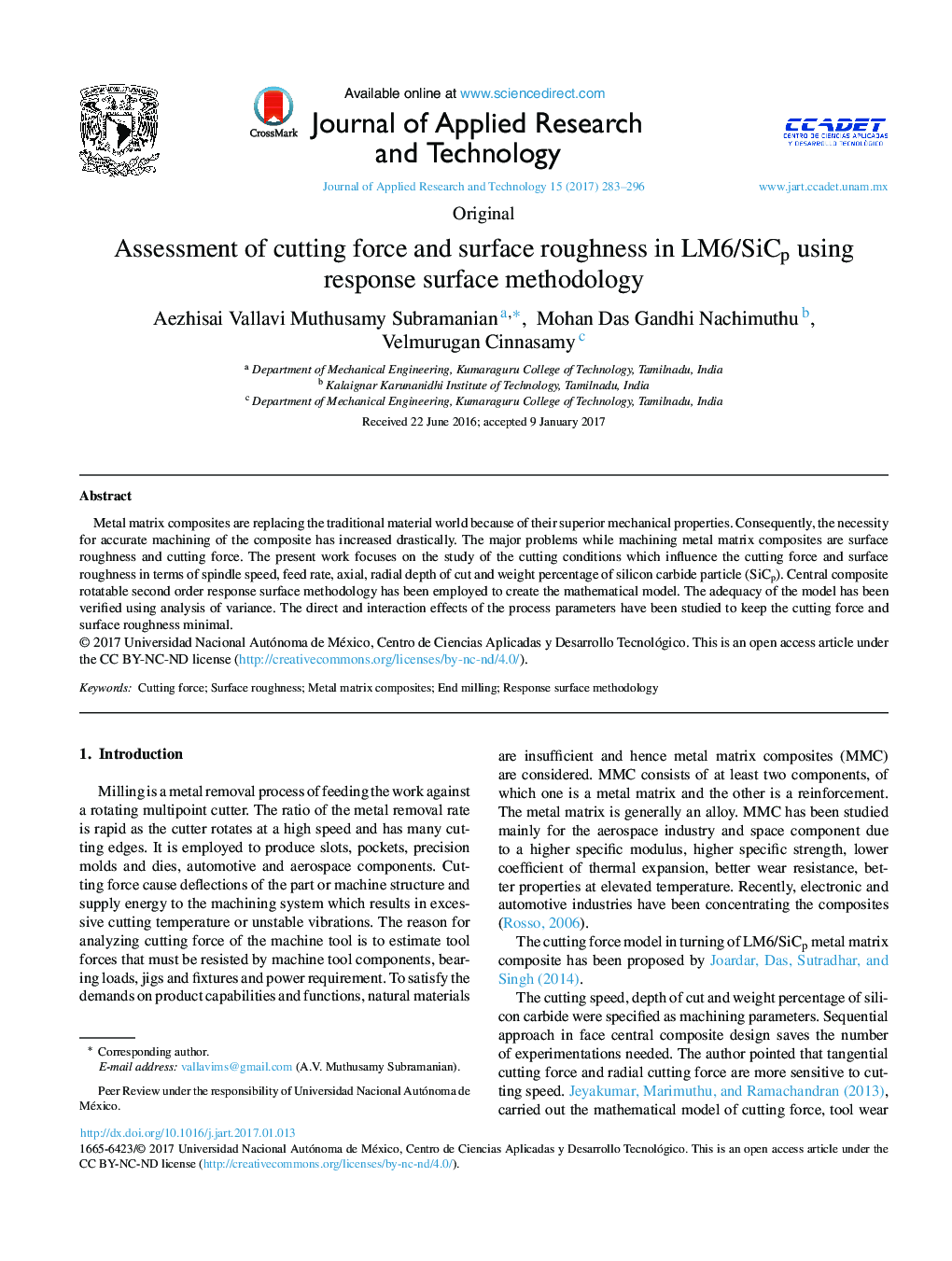 Assessment of cutting force and surface roughness in LM6/SiCp using response surface methodology