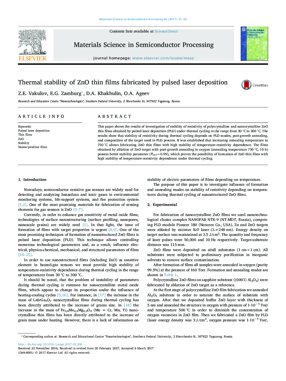 Thermal stability of ZnO thin films fabricated by pulsed laser deposition