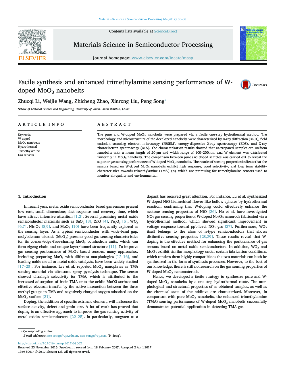 Facile synthesis and enhanced trimethylamine sensing performances of W-doped MoO3 nanobelts