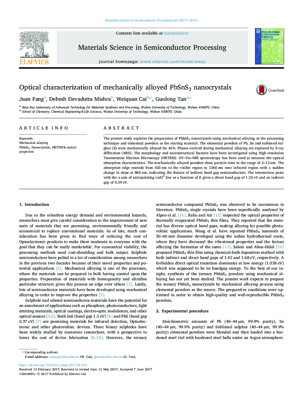 Optical characterization of mechanically alloyed PbSnS3 nanocrystals