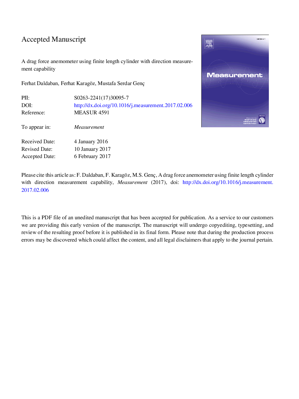 A drag force anemometer using finite length cylinder with direction measurement capability