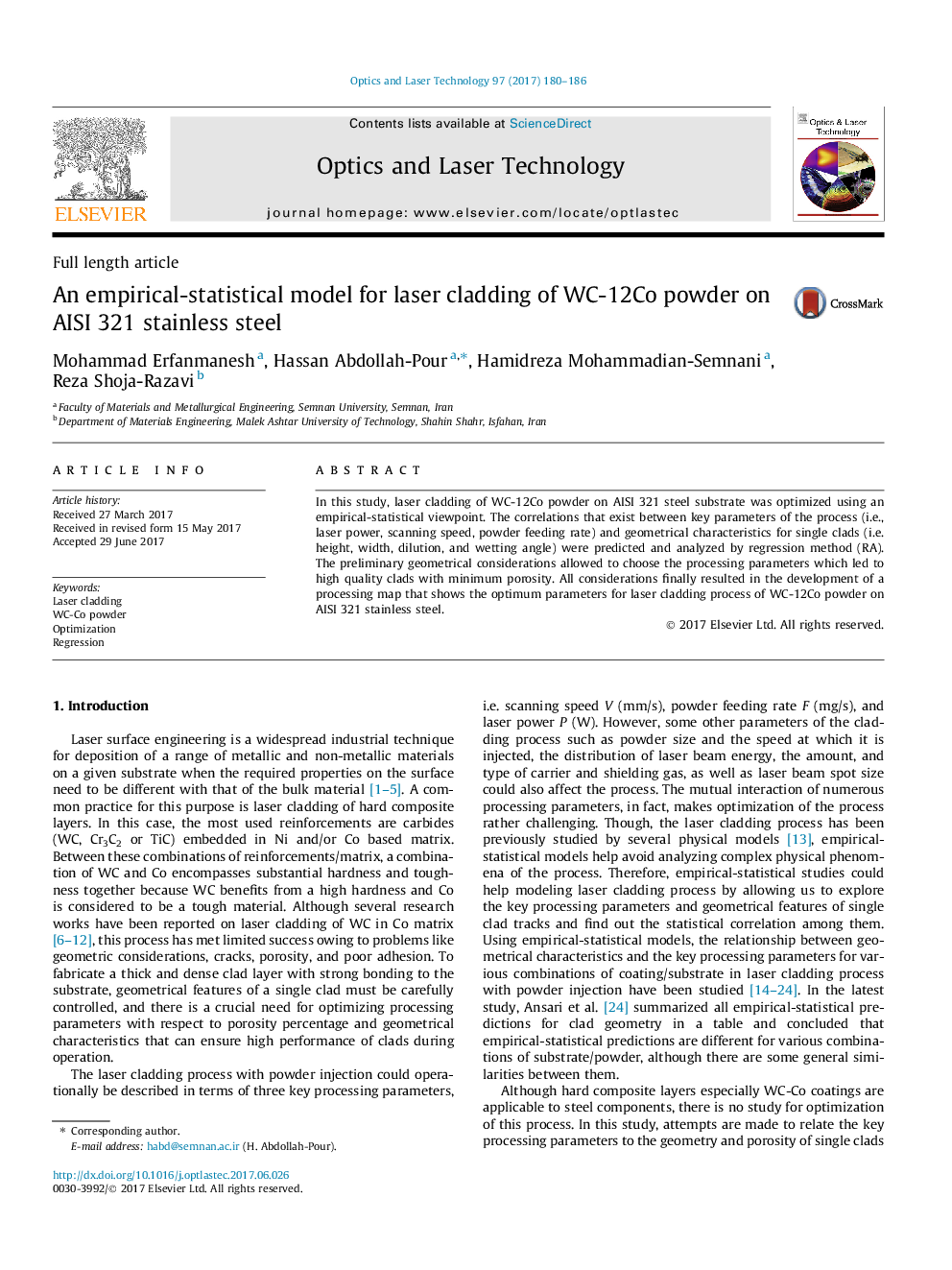 An empirical-statistical model for laser cladding of WC-12Co powder on AISI 321 stainless steel