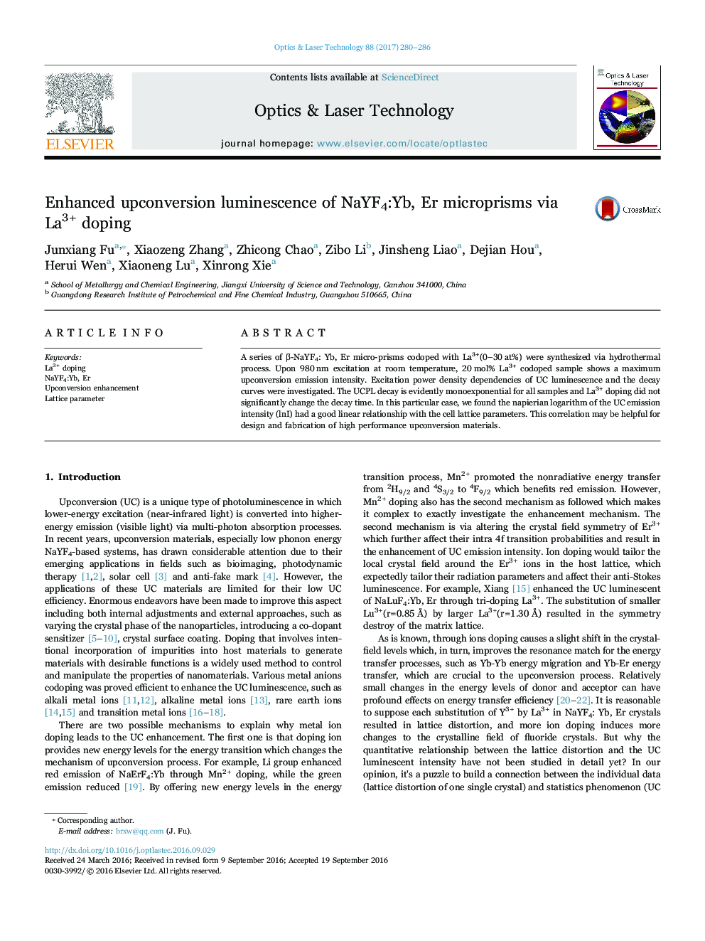 Enhanced upconversion luminescence of NaYF4:Yb, Er microprisms via La3+ doping