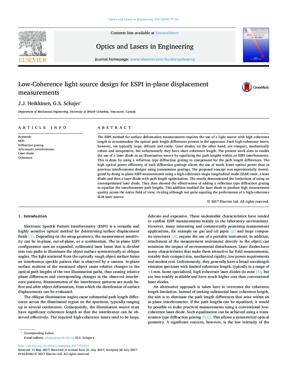 Low-Coherence light source design for ESPI in-plane displacement measurements