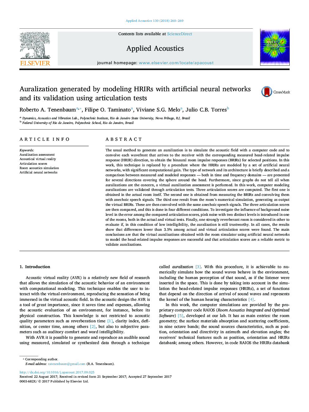 Auralization generated by modeling HRIRs with artificial neural networks and its validation using articulation tests