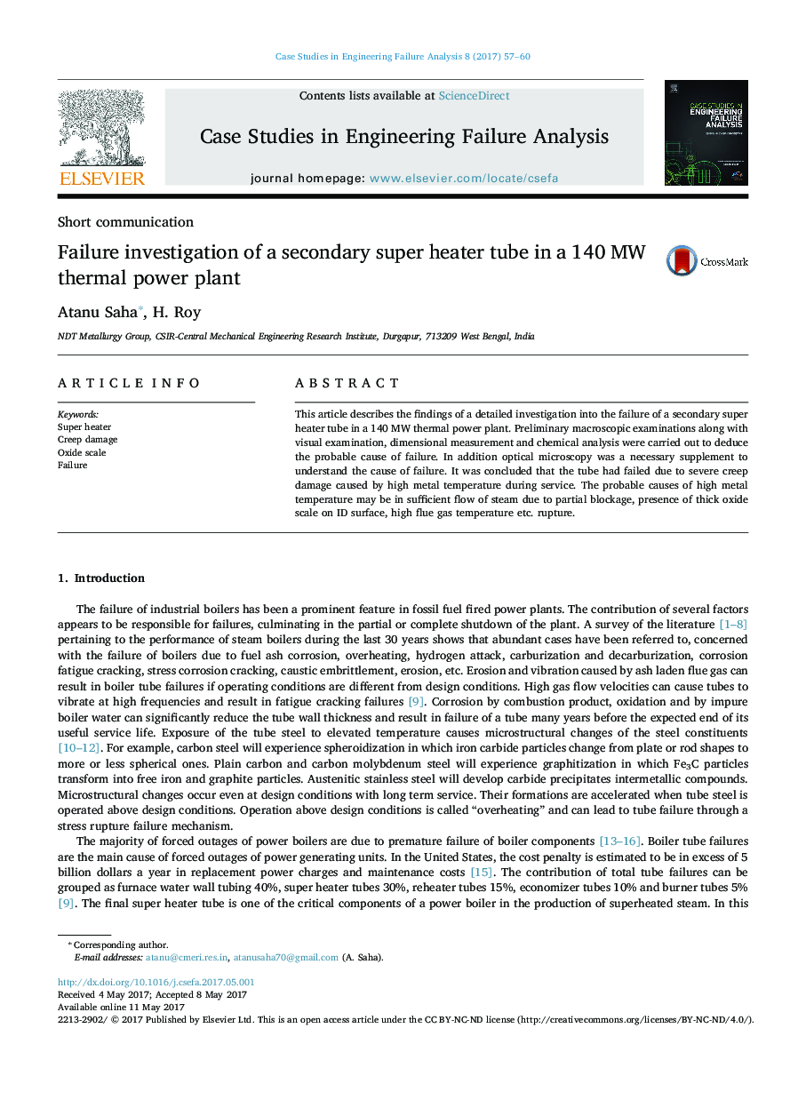 Short communicationFailure investigation of a secondary super heater tube in a 140Â MW thermal power plant