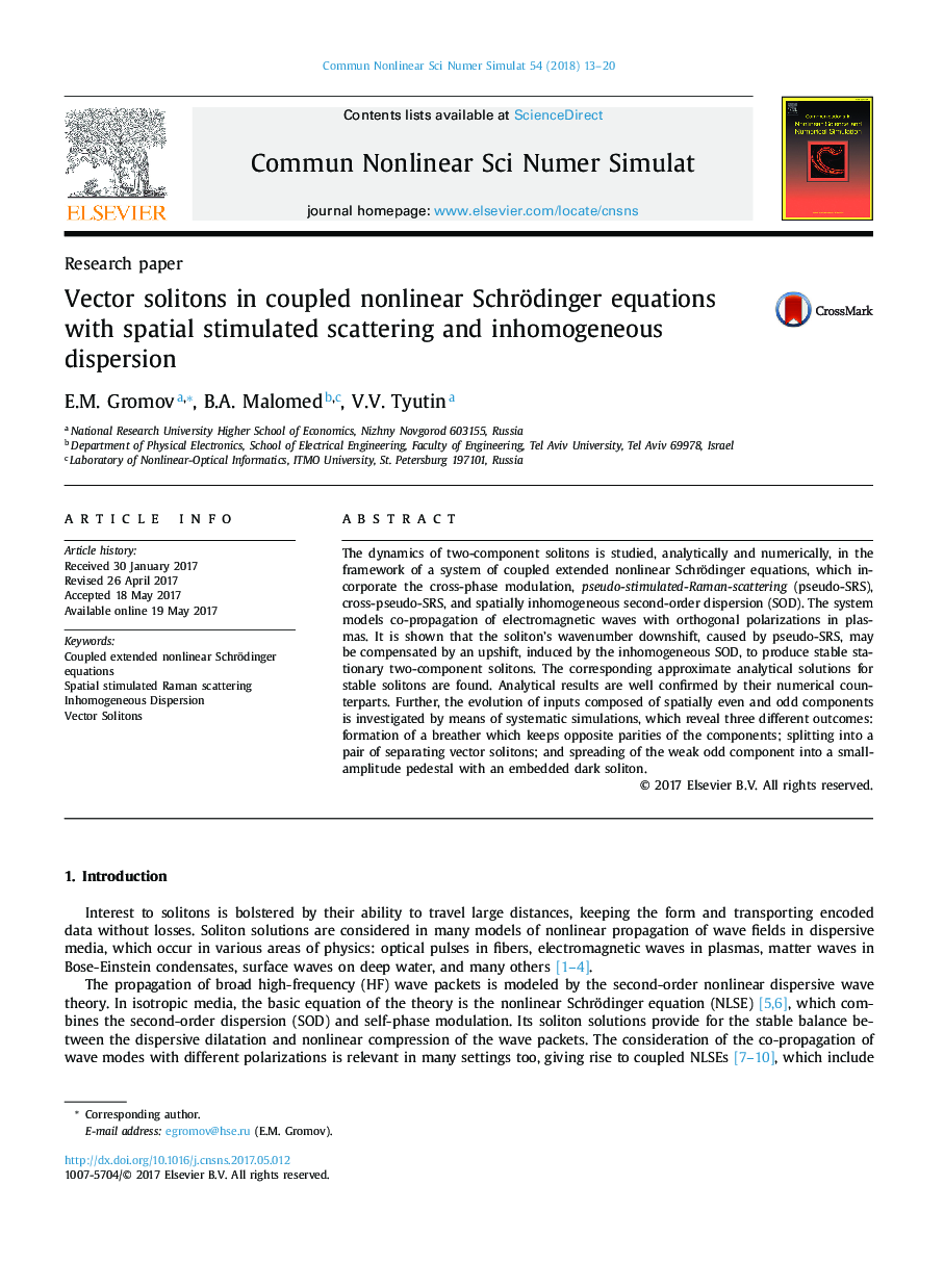 Research paperVector solitons in coupled nonlinear Schrödinger equations with spatial stimulated scattering and inhomogeneous dispersion