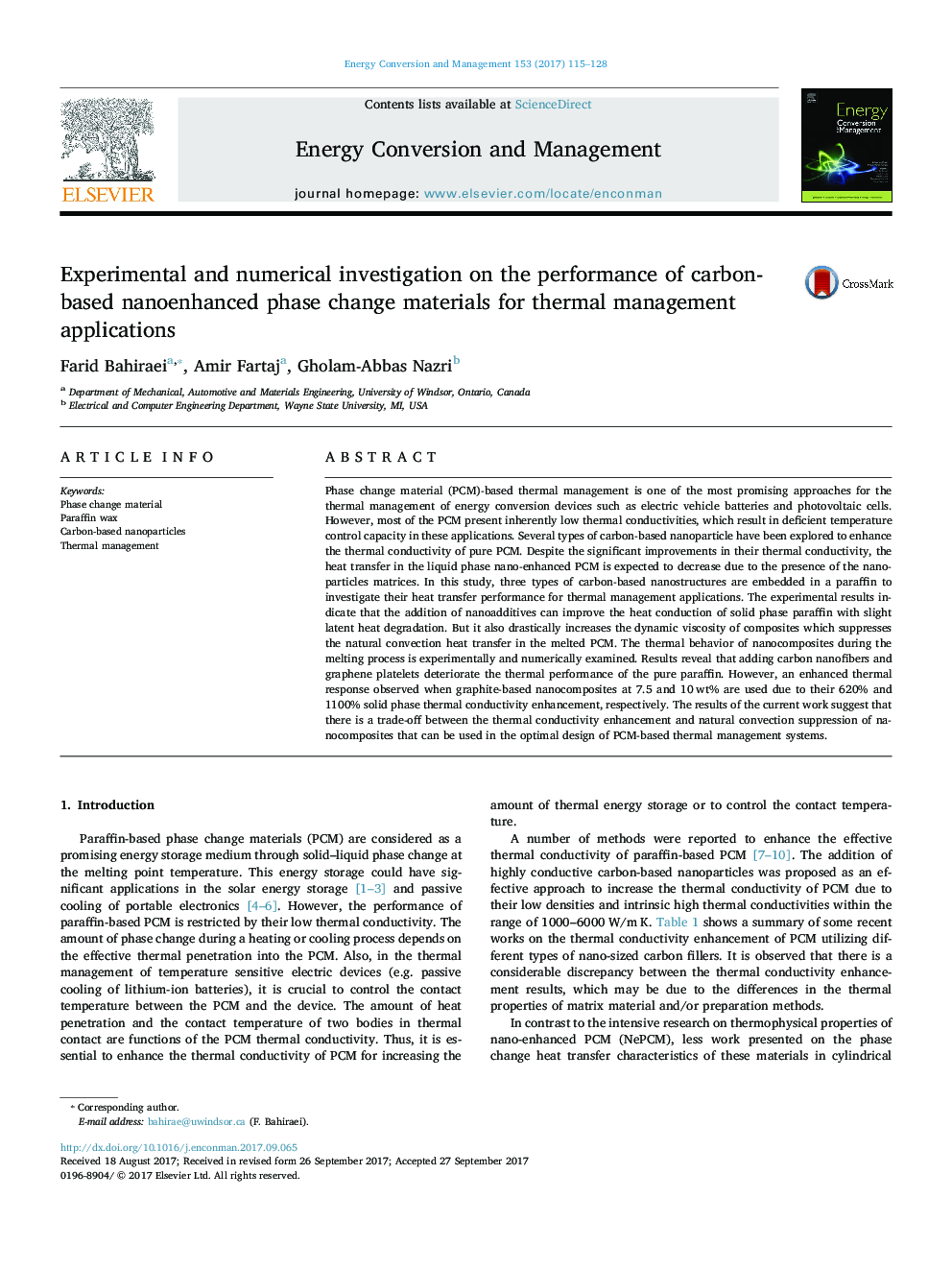 بررسی تجربی و عددی بر روی عملکرد مواد تغییر فاز نانوکامپوزیتی مبتنی بر کربن برای کاربردهای مدیریت حرارتی 