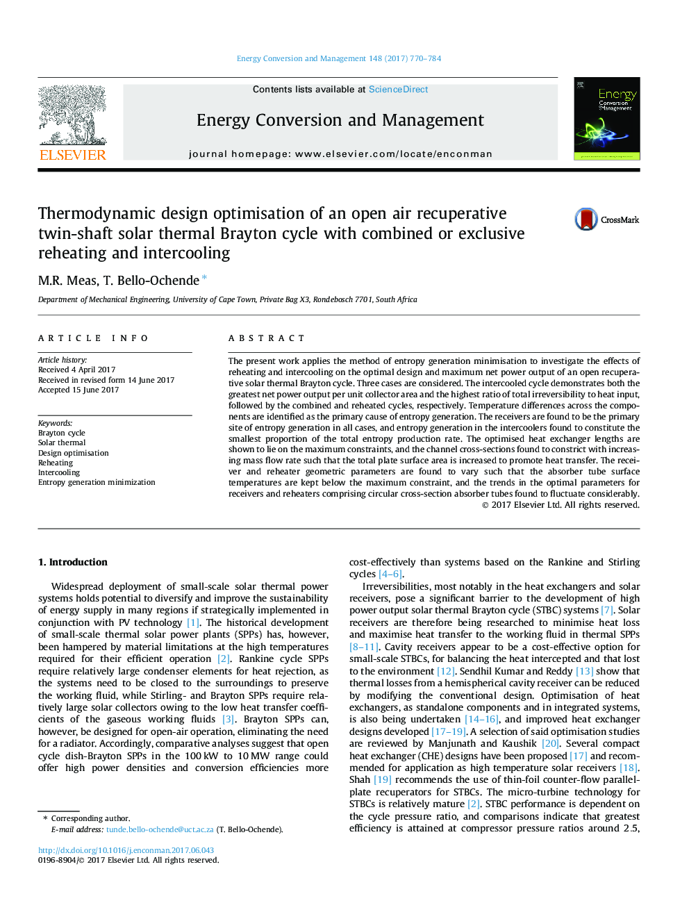 Thermodynamic design optimisation of an open air recuperative twin-shaft solar thermal Brayton cycle with combined or exclusive reheating and intercooling